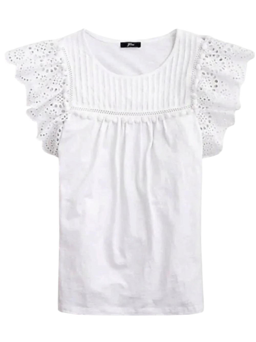 J. Crew NWT white cotton pleated eyelet flutter sleeve pompom trim blouse